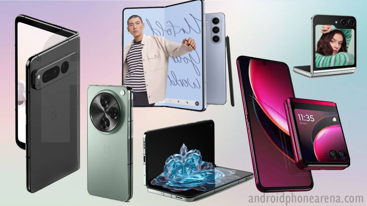 Five of the best foldable Android phones of 2024 displayed open and side-by-side, showcasing their impressive displays and sleek designs.